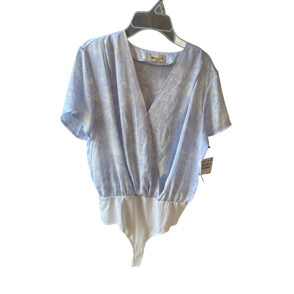 Open Edit Womens Surplice Bodysuit White Cloud Melt Blue‎ Marble Print Small NEW